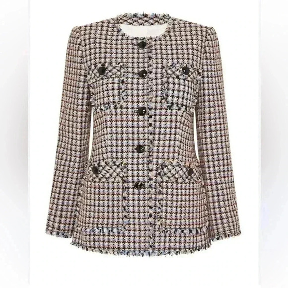 $525 REBECCA TAYLOR Houndstooth Tweed Four Pocket Robins Egg Black Jacket - Picture 2 of 10